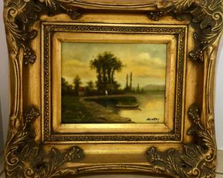 Small gilt framed landscape painting, signed W. West