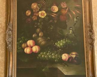 Large gold framed still life print of flowers and fruit print signed by Louisa Langley