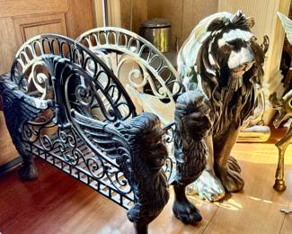Art Deco style winged lion metal magazine rack with large brass lion statue