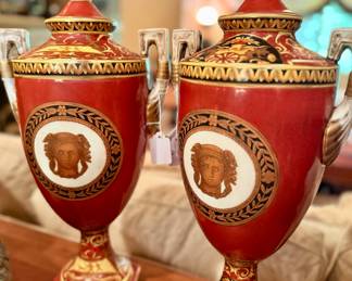 Versace-style decorative handled porcelain urns