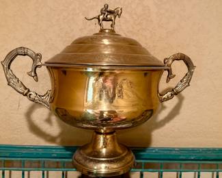 Vintage brass tureen with equestrian finial