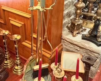 Brass and marble fireplace utensil set