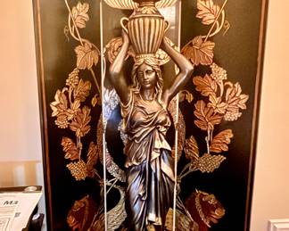 Neoclassical goddess floor lamp with an amphora vase for holding a large glass shade (not pictured) in front of 3-panel wood screen with gilt leaf pattern