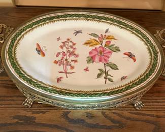 Vintage hand painted porcelain brass handled platter