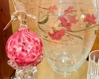 Hand blown glass perfume decanter with hummingbird stopper and vintage Bohemian Crystal pink floral vase