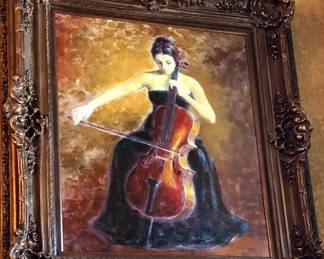 Large ornate framed giclee print "Cello Woman" by Prestige Arts