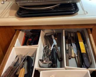 Assorted Knives, Cookie Sheets and Cooling Racks
