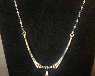 TA131VVintage Sterling Native Zuni Turquoise And Mother Of Pearl Necklace