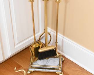 Elegant Brass and Marble Fireplace Set, Fire Dogs
