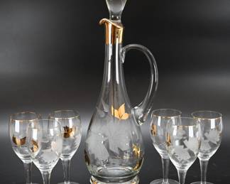 MCM Gold Trimmed Decanter, Six Glasses