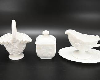 Milk Glass Grape Cluster Basket, Sugar Bowl, Creamer