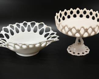 Reticulated Lace Milk Glass Bowl, Compote 