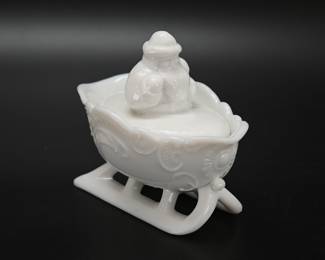 Milk Glass Christmas Santa Sleigh Covered Candy Dish 