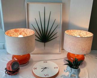 2 Matching Orange Lamps, Ceramic Clock, Palm Plant Framed Art, Elephant Planter, Fan