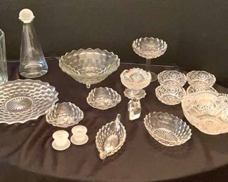 Assorted Clear Glass Bowls, Candy Dishes, Candle Holders, Decanter, And More