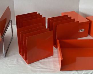Orange Metal Magazine Holder, 3 Metal File Organizers, 2 Crate Barrel Metal Orange Boxes, Fan