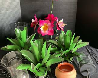 3 Metal Cactus Plants, 1 Metal Tropical Pink Flowers Decor, 2 Hanging Plant Holders, Clay Pot, More