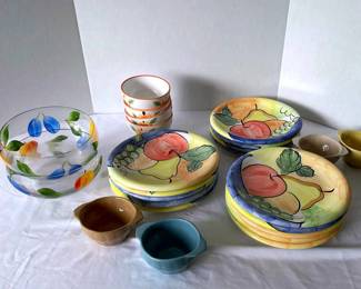 14 Ceramic Fruit Themed Dinner Plates, Ceramic And Glass Bowls
