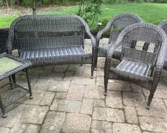 Wicker Outdoor Patio Set Bench, 3 Chairs, And Side Table