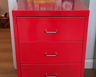 Red 3 Drawer Metal Filing Cabinet, Red Floor Lamp, Presto Plug, And Ruby Monkey Magnets