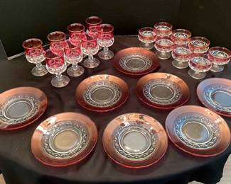 Tiffin Franciscan Kings Crown Cranberry Flashed Iced Tea Glasses  Sherbet Glasses  Plates