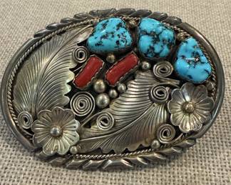 Beautiful and rare Navajo handmade sterling silver and stone belt buckle signed by renowned artist Ma Atsidii 