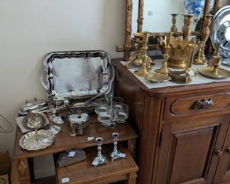 Stackable tables (3), mirrors, platters, Davis buffet part of dining room set, other decorations, mirrors,  platters, etc