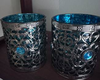 The Bombay Company 2 Blue Jeweled Votive Candle Holder Glass