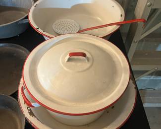 Vintage white cookware with red trim