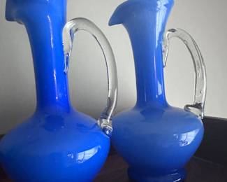 Vintage Italian Empoli cased blue glass pitchers or ewers with clear applied handles. These are Mid-Century Modern (MCM)