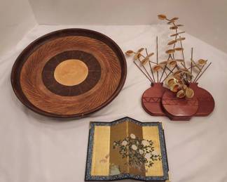 Large Decorative Plate, Brass Wood Wall Art,  Small Asian Folding Screen