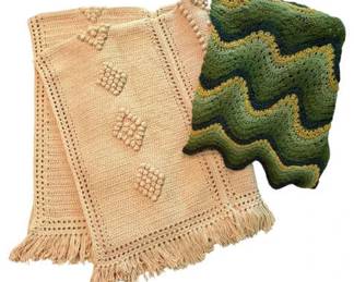Vintage Blankets Cream Diamond Bobble Crochet  Green Knitted Waves