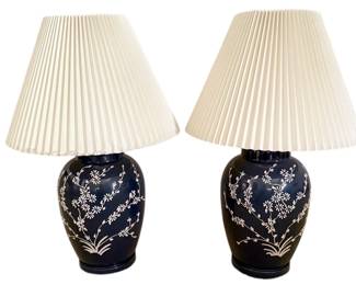 Pair of Navy Blue Lamps with Raised Floral Design 