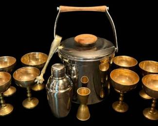 Brass Goblets, Stainless Steel Ice Bucket, Tongs, Cocktail Shaker