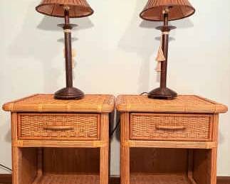 Two Wicker Side Tables With Lamps
