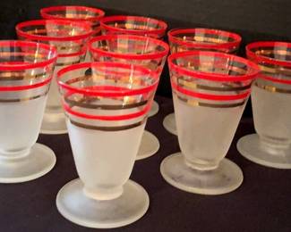 Nine MCM Cordial Juice Glasses Anchor Hocking Frosted Glasses with Red  Gold Stripes