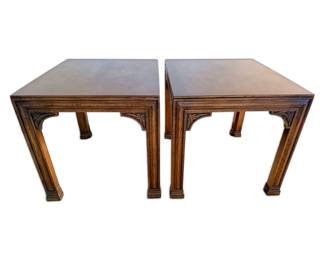 Pair of Henredon Burl Oak French Inspired Square Side Tables w Carved Floral Details