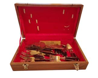 Tiffanys Jewelry Golden Brass  Wood Handle Flatware Set 29 Pieces