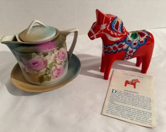 Hand Painted Floral Single Serve Teapot Hand Painted Dala Horse From Sweden 