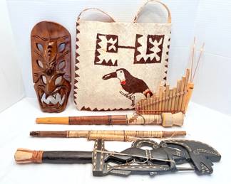 Hand Made Blow Dart Gun, Carved Wooden Mask, Bamboo Pan Flute, More