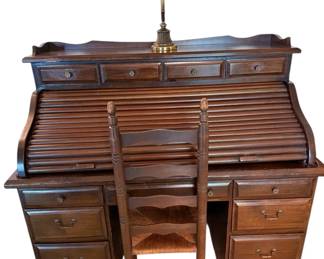 Roll top Desk With Chair, Brass Lamp 