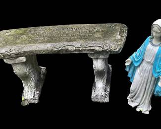 Concrete Bench And Virgin Mary Statue