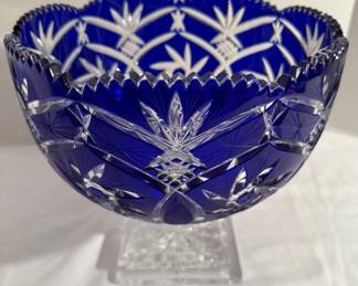 Blue Cut To Clear Crystal Glass Pedestal Bowl