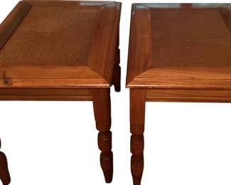 Two Wooden Woven Top End Tables