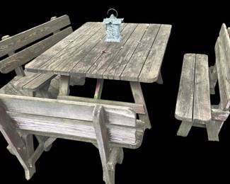 Picnic Table, 3 Benches And Lantern 