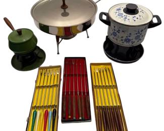 Three Fondue Pots And 3 Sets Fondue Forks