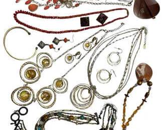 Costume Jewelry Collection Of Earthtones, With Vintage Rikes Box Sunglasses 