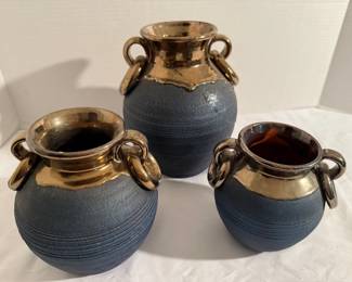 Three Blue Gold Pottery Style Vases