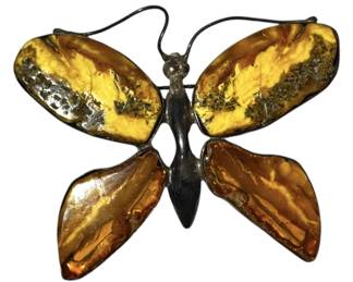 Sterling Egg Yoke Amber Butterfly Brooch