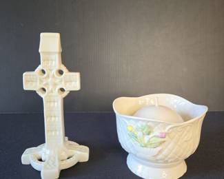 vintage Belleek Celtic High Cross & candleholder